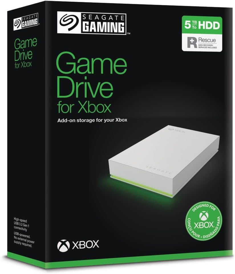 Seagate Game Drive for Xbox, 5TB, External Hard Drive Portable, USB 3.2 Gen 1, White with Built-in Green LED bar, Xbox Certified, 2 Year Rescue Services (STKX5000100) - Flex Gamingproduct_type