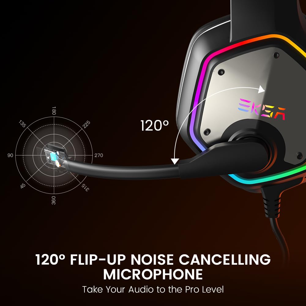 EKSA E1000 USB Gaming Headset for PC, Computer Headphones with Microphone/Mic Noise Cancelling, 7.1 Surround Sound, RGB Light - Wired Headphones for PS4, PS5 Console, Laptop, Call Center - Flex Gamingproduct_type