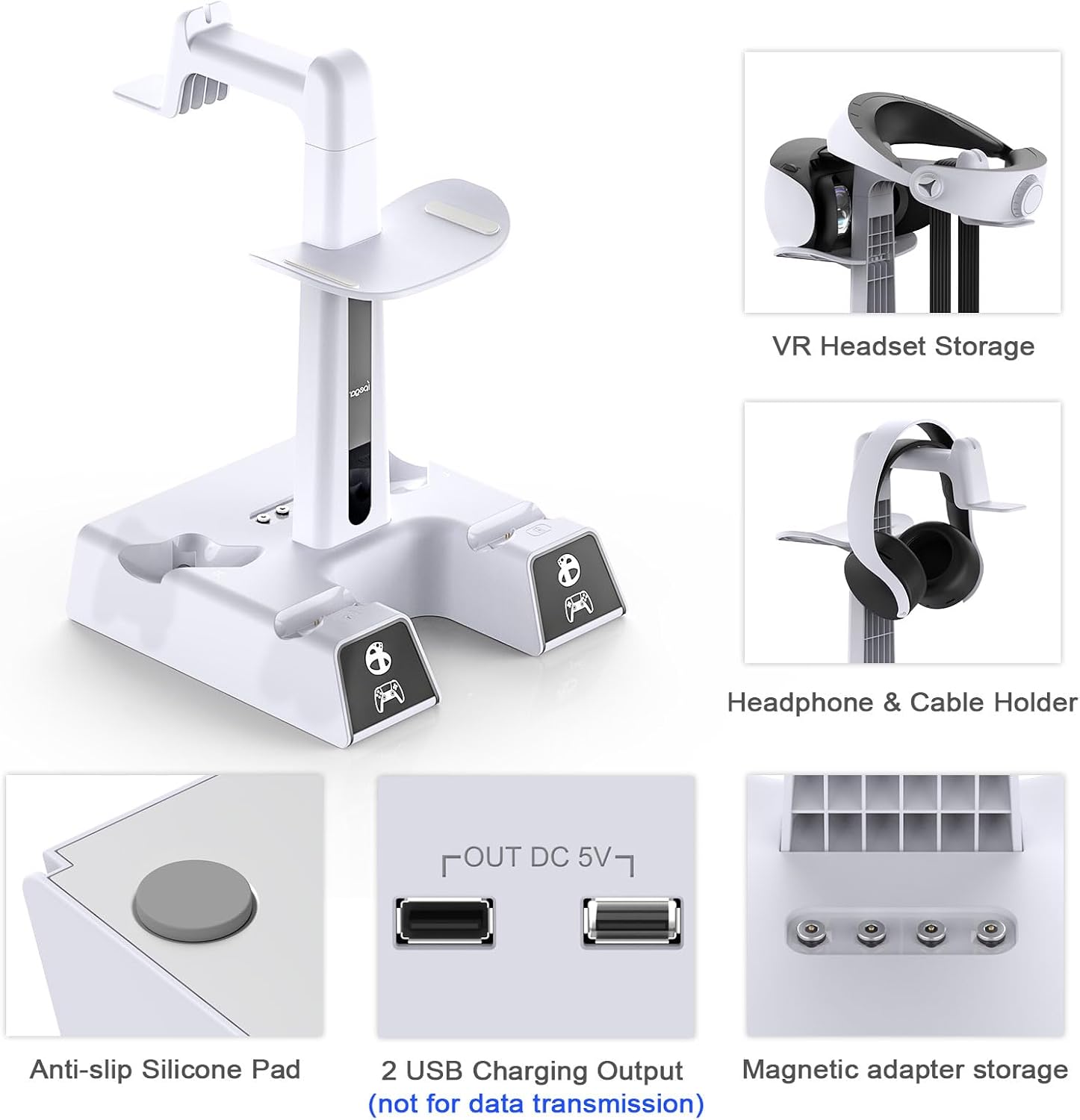 RGB Charging Station for PSVR 2/ PS5 Edge/ PS5 Controller with AC Adapter, PSVR2 Stand with PS VR2 Accessories for PS5VR2 Headset and Dualsense Controllers+ VR2 Charging Dock+ 10 Light Mode - Flex Gamingproduct_type