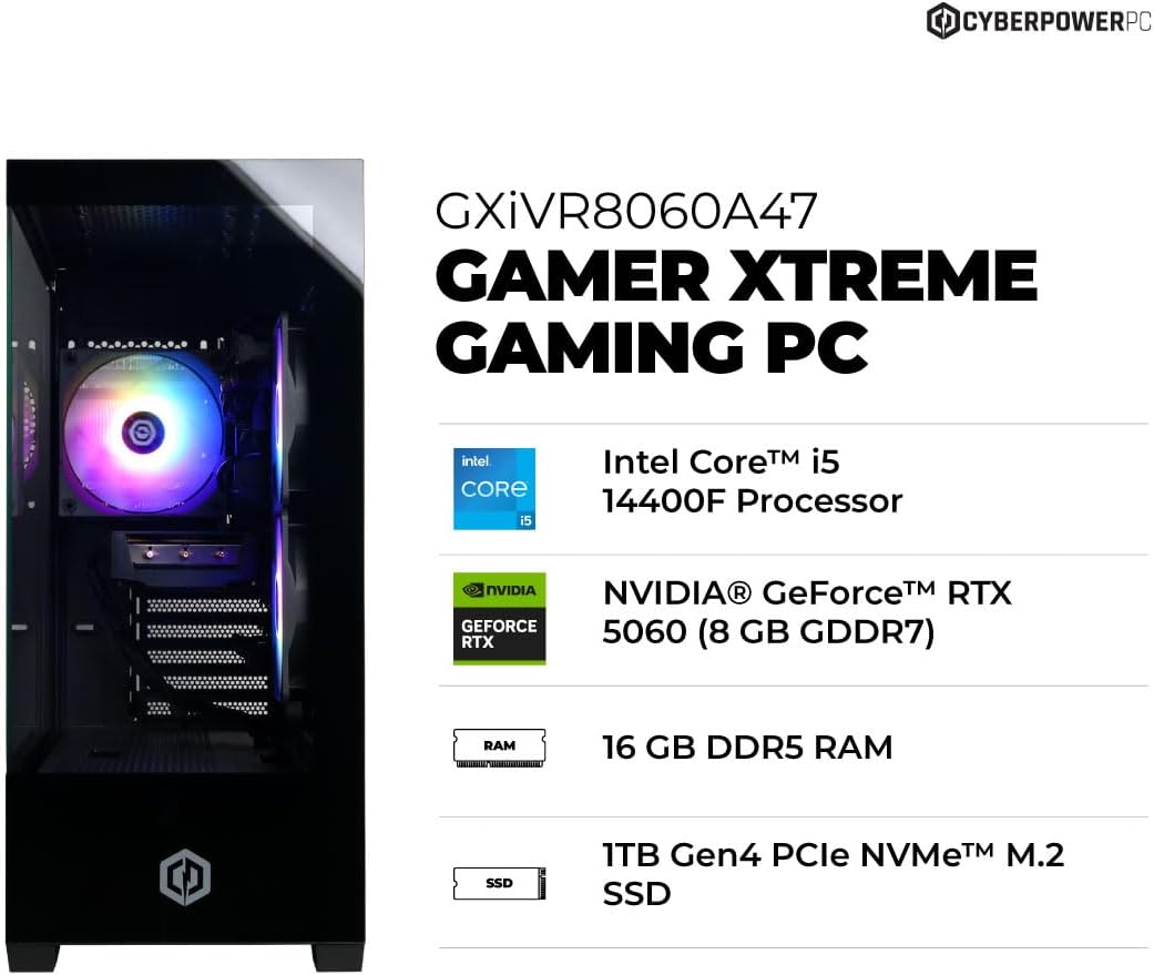 CyberPowerPC Gamer Xtreme Gaming PC, Intel Core i5-14400F 2.5GHz, GeForce RTX 5060 8GB, 16GB DDR5, 1TB PCIe 4.0 SSD, WiFi Ready & Windows 11 Home (GXiVR8060A47) | Gamer Xtreme, 16GB DDR5, 1TB PCIe 4.0 SSD, WiFi Ready & Windows 11 Home (GXiVR8060A47)