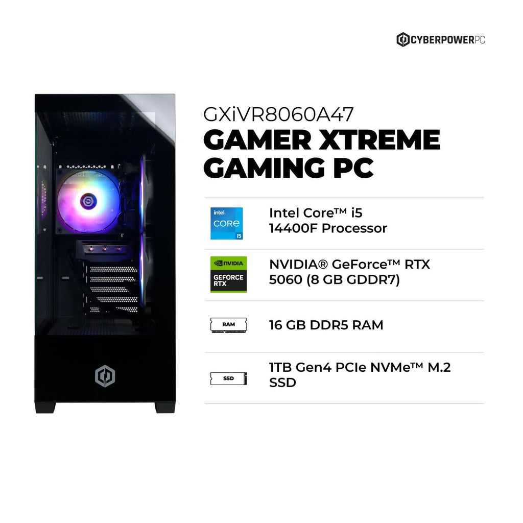 CyberPowerPC Gaming PC, Intel Core i5-14400F, GeForce RTX 5060 8GB | Gamer Xtreme, 16GB DDR5, 1TB PCIe 4.0 SSD, WiFi Ready & Windows 11 Home (GXiVR8060A47) - Flex Gamingproduct_type