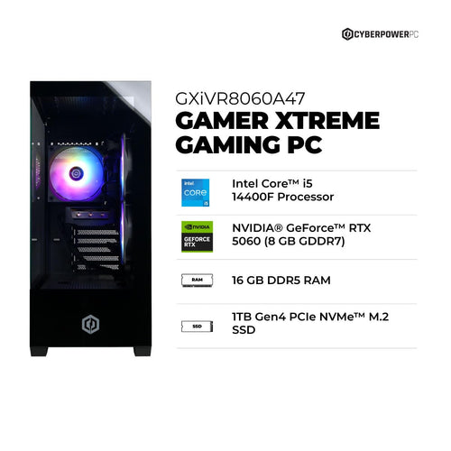 CyberPowerPC Gaming PC, Intel Core i5-14400F, GeForce RTX 5060 8GB | Gamer Xtreme, 16GB DDR5, 1TB PCIe 4.0 SSD, WiFi Ready & Windows 11 Home (GXiVR8060A47) - Flex Gamingproduct_type