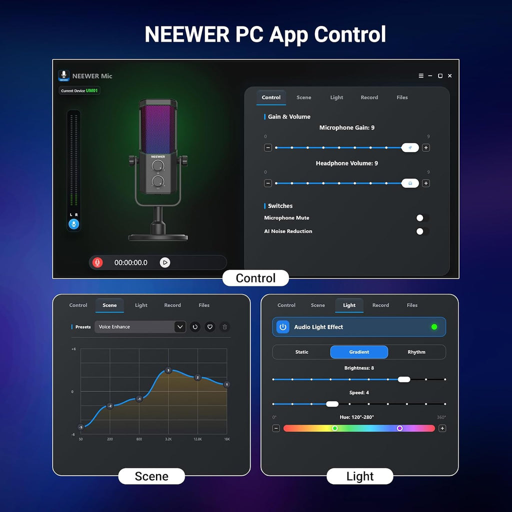 NEEWER UM01 AI Noise Canceling USB Microphone, Plug & Play Cardioid RGB Condenser Mic Mute/Music Sync/App Control for Android Windows PC Mac PS4/5 Gaming Recording Streaming Podcasting Studio Computer - Flex Gamingproduct_type