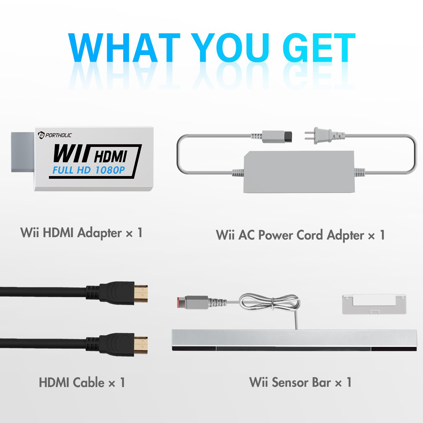 PORTHOLIC 4 in 1 Wii Replacement Cables Set, Wii AC Power Adapter + Wii to hdmi Converter+ Wired Motion Sensor Bar and Composite Audio Video Cable for Nintendo Wii - Flex Gamingproduct_type