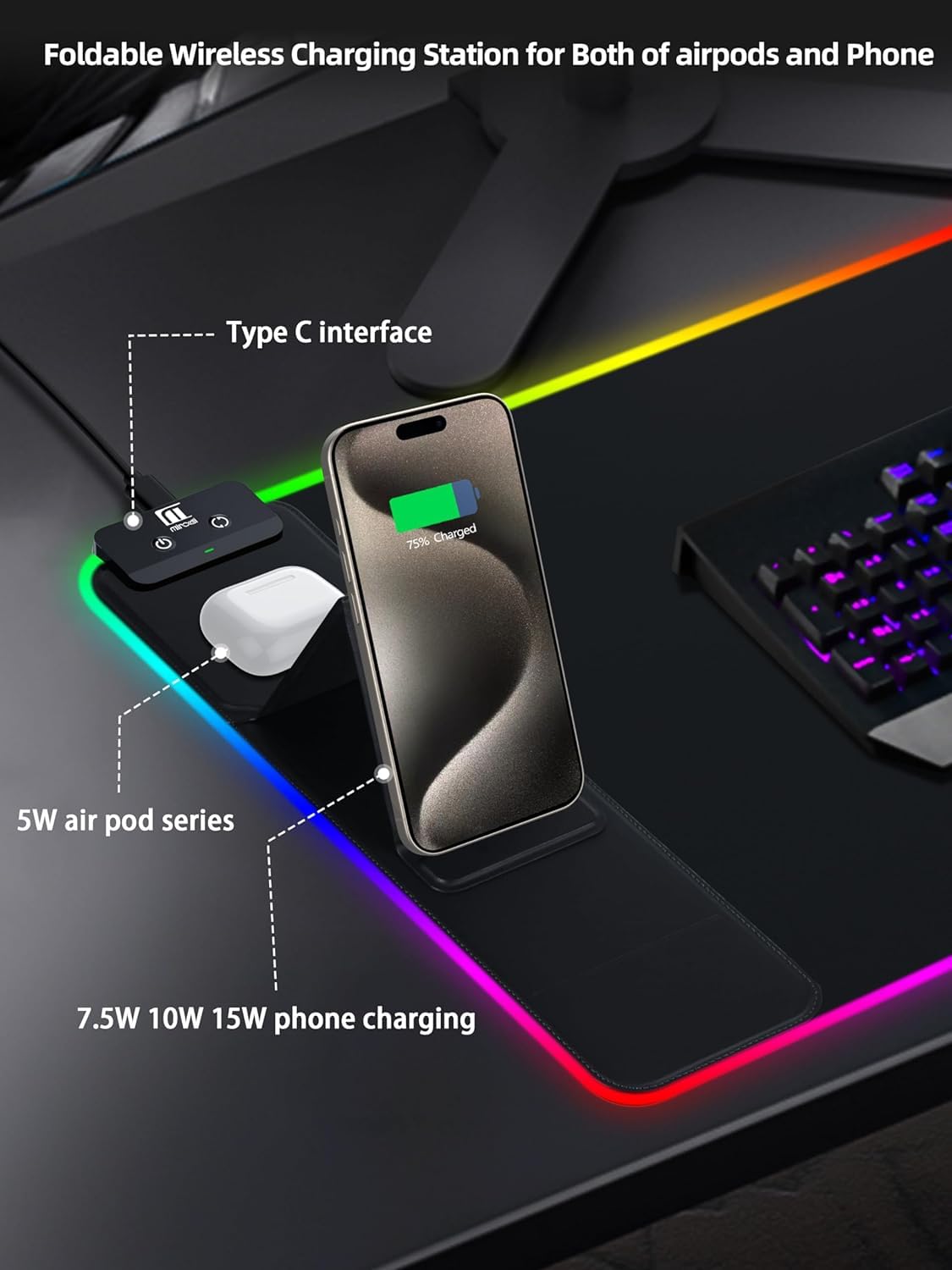 XXL Mouse Pad with Phone Holder - Black, RGB Desk Mat with 15W Fast Charging, LED Gaming Mousepad with 11 Light Colors, Waterproof Non-Slip Pad for Office & Home (Wave) - Flex Gamingproduct_type
