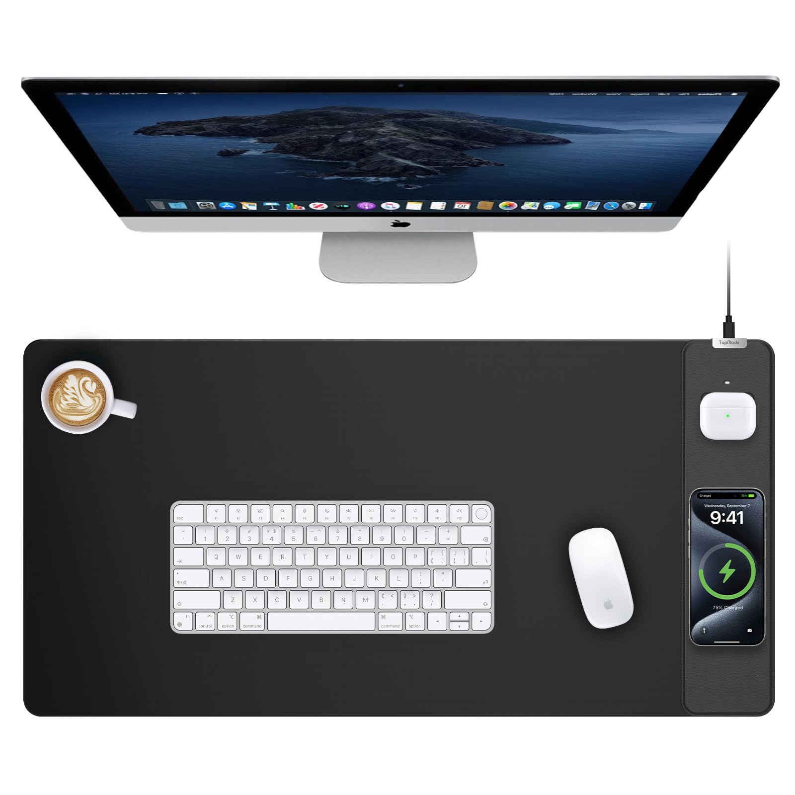 TopMade Wireless Charging RGB Mouse Pad, Waterproof Gaming Desk Mat with 4 Light Modes & 11 RGB Colors, 31.5"x15.75" XXL Large Desk Pad(Includes 20W PD Power Adapter & 6.56ft Woven Cable) - Flex Gamingproduct_type