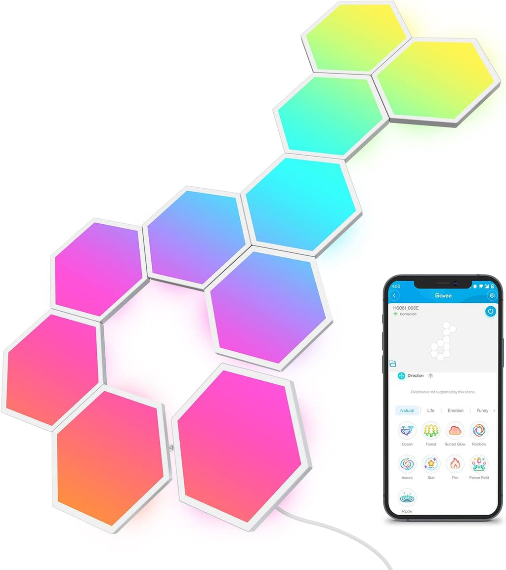 Govee Glide Hexa Light Panels, RGBIC Hexagon LED Wall Lights, Wi-Fi Smart Home Creative Wall Lights with Music Sync, Works with Alexa Google Assistant for Indoor Gaming Decor, 10 Pack - Flex Gamingproduct_type