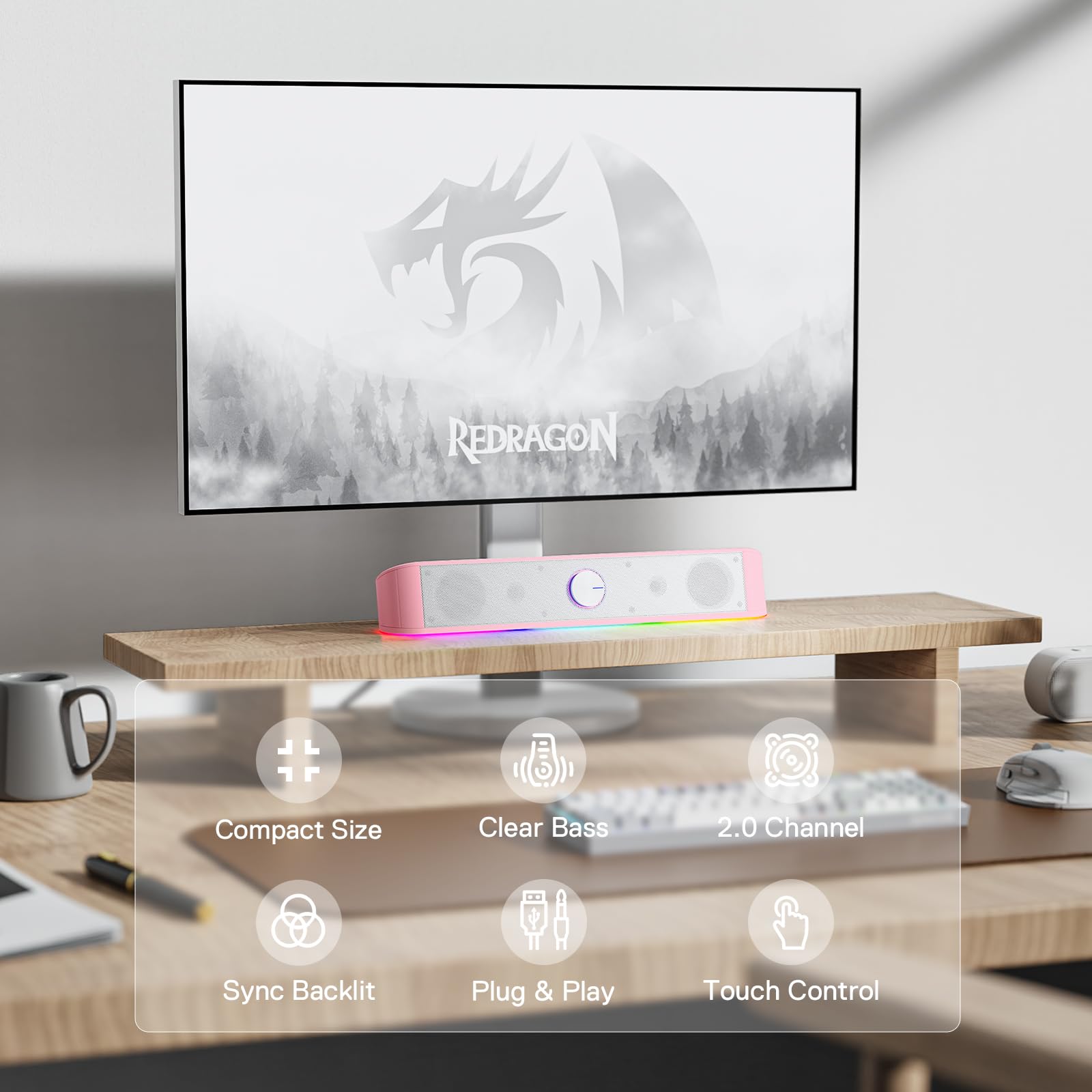 Redragon GS560 RGB Desktop Soundbar, 2.0 Channel Computer Speaker with Dynamic Lighting Bar Audio-Light Sync/Display, Touch-Control Backlit with Volume Knob, USB Powered w/ 3.5mm Cable, Black - Flex Gamingproduct_type