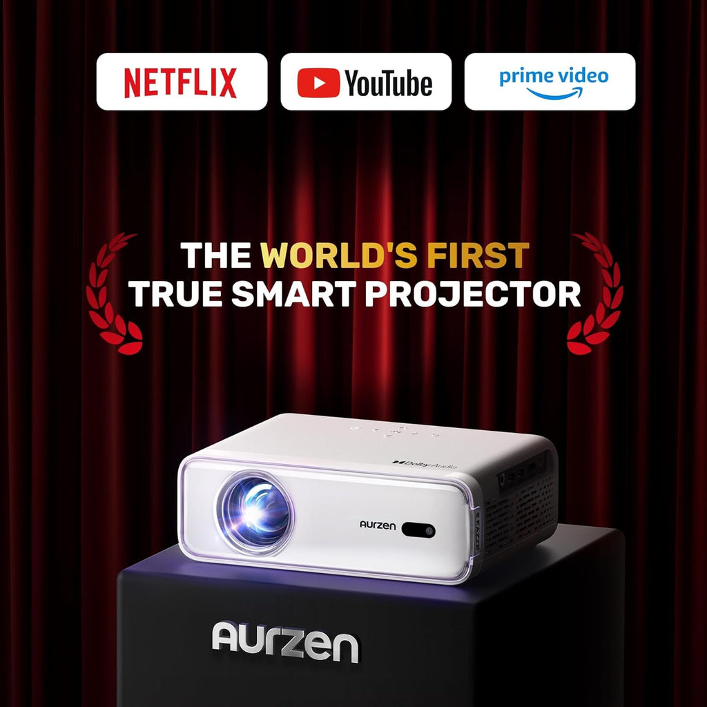 Aurzen Roku TV Smart Projector with Wifi and Bluetooth, Roku TV Built-in, 1080P FHD, DoIby Audio, Auto Focus & Keystone, Zoom, Movie Portable Outdoor Mini Projector for Soccer Football Game, White - Flex Gamingproduct_type