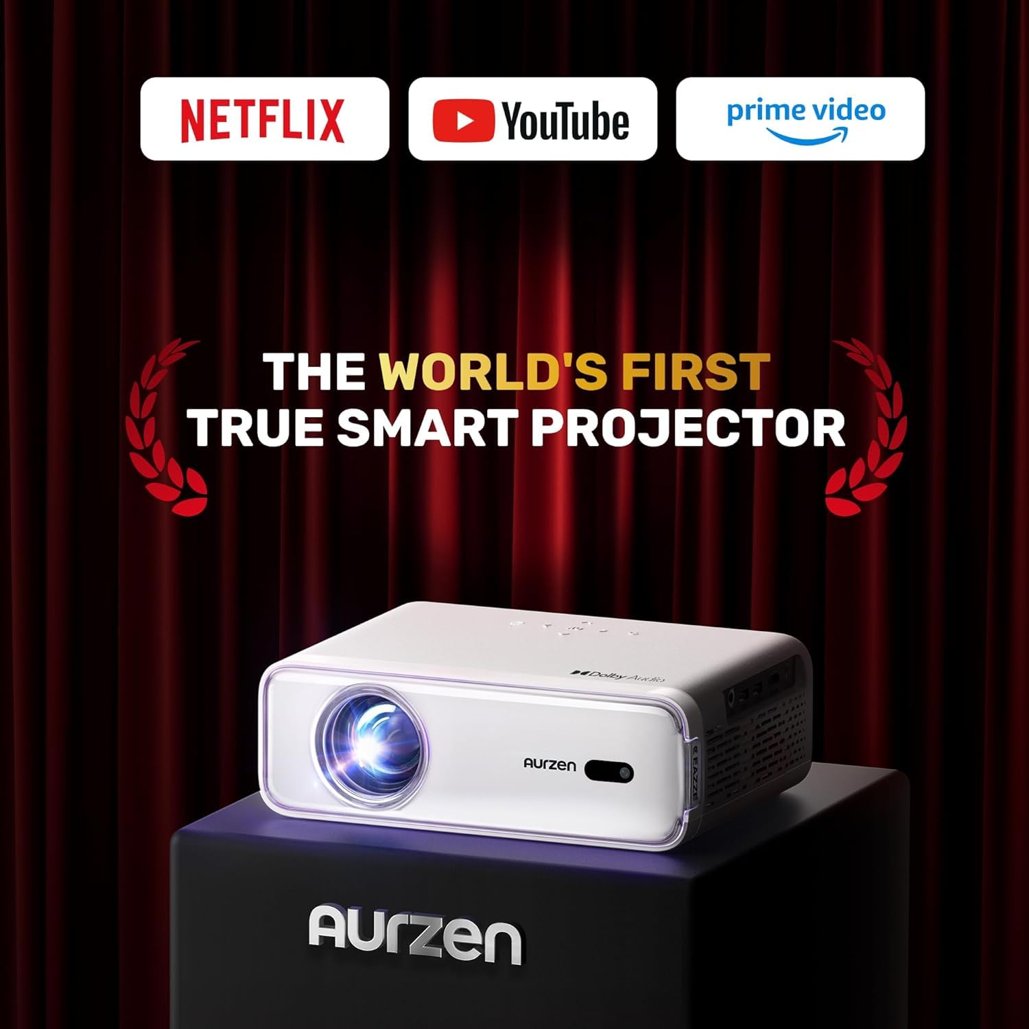 Aurzen Roku TV Smart Projector with Wifi and Bluetooth, Roku TV Built-in, 1080P FHD, DoIby Audio, Auto Focus & Keystone, Zoom, Movie Portable Outdoor Mini Projector for Soccer Football Game, White - Flex Gamingproduct_type