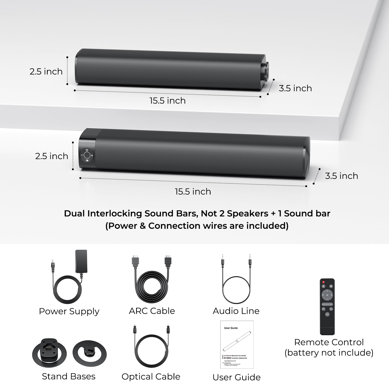 Sound Bar for Smart TV, Soundbar with Bluetooth/ARC/Opt/AUX Connect, Auto Volume Boost, 3 Equalizer Modes, 2 in 1 Detachable Soundbar for TV/PC/Gaming/Projectors - Flex Gamingproduct_type
