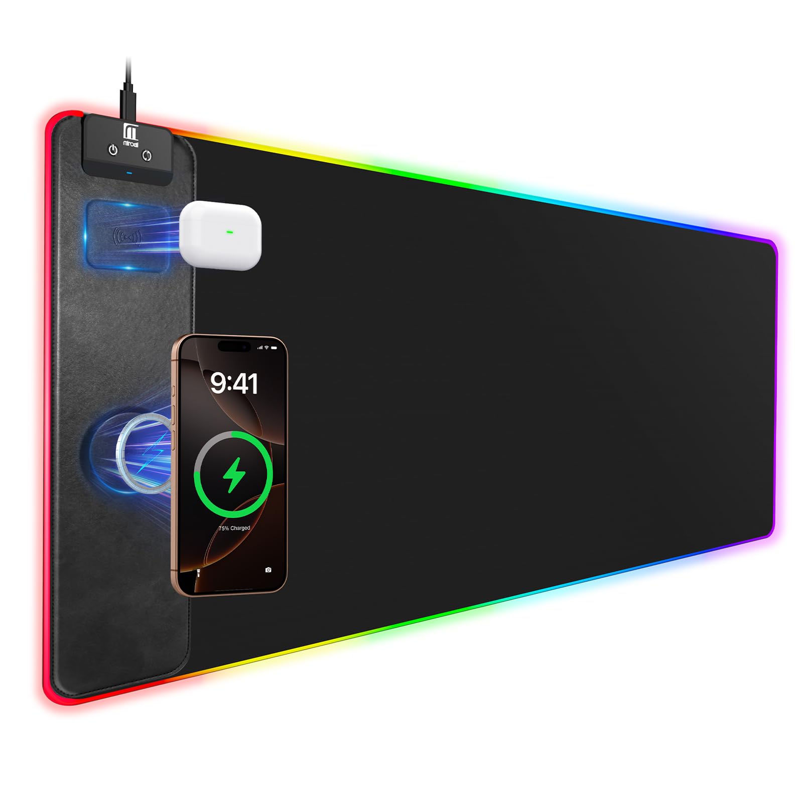 XXL Mouse Pad with Phone Holder - Black, RGB Desk Mat with 15W Fast Charging, LED Gaming Mousepad with 11 Light Colors, Waterproof Non-Slip Pad for Office & Home (Wave) - Flex Gamingproduct_type