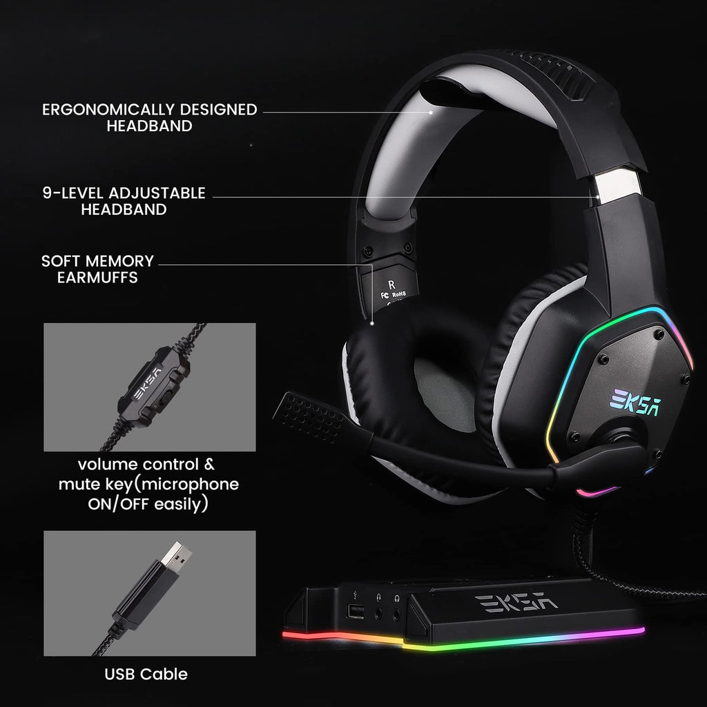 EKSA E1000 USB Gaming Headset for PC, Computer Headphones with Microphone/Mic Noise Cancelling, 7.1 Surround Sound, RGB Light - Wired Headphones for PS4, PS5 Console, Laptop, Call Center - Flex Gamingproduct_type