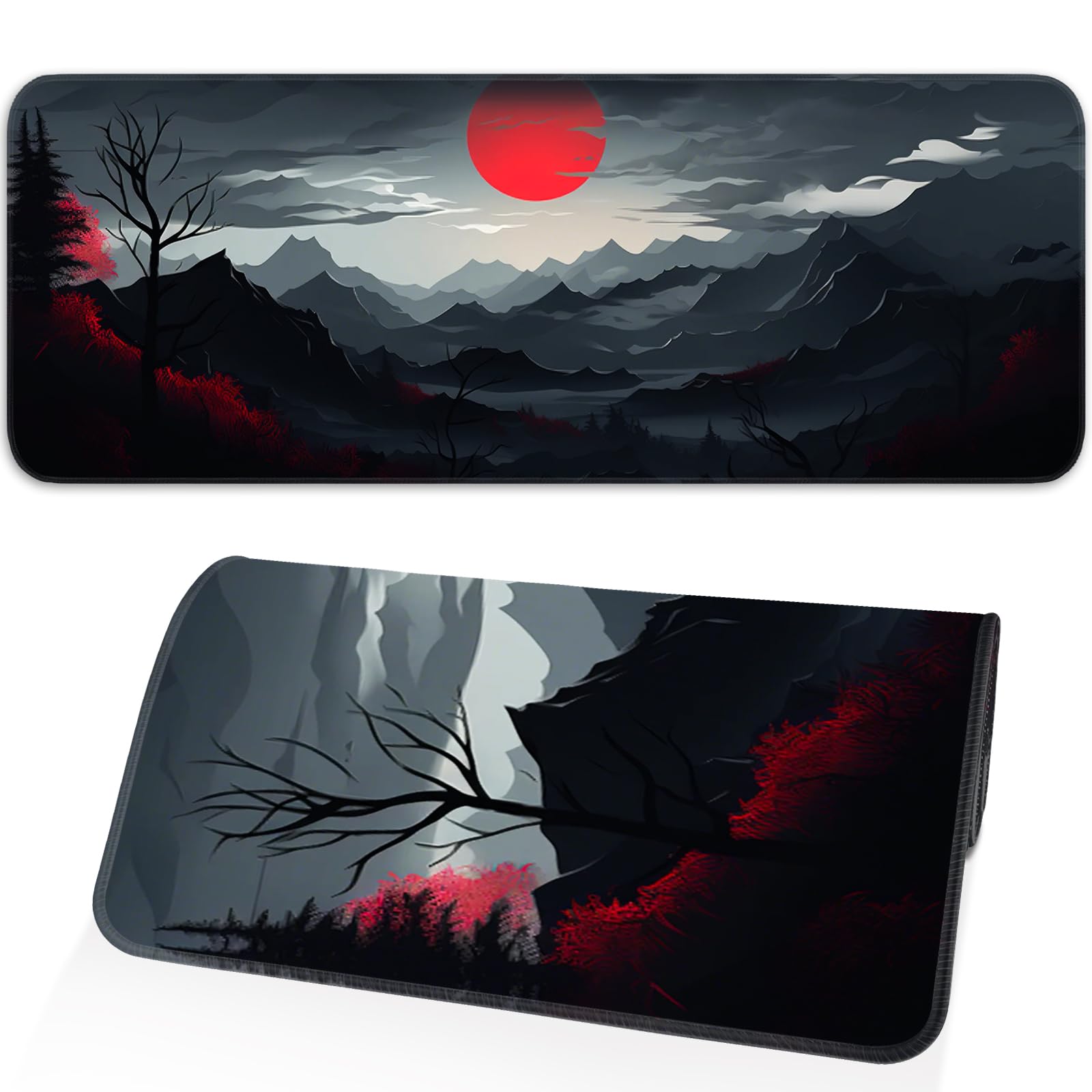 Japanese Dark Red Moon Gaming Mouse Pad, Extended Mouse Pad with Non-Slip Base, Full Keyboard Pad with Stitched Edges, Large Desk Pad for Gaming, Office, Home 31.5 x 11.8 Inch - Flex Gamingproduct_type