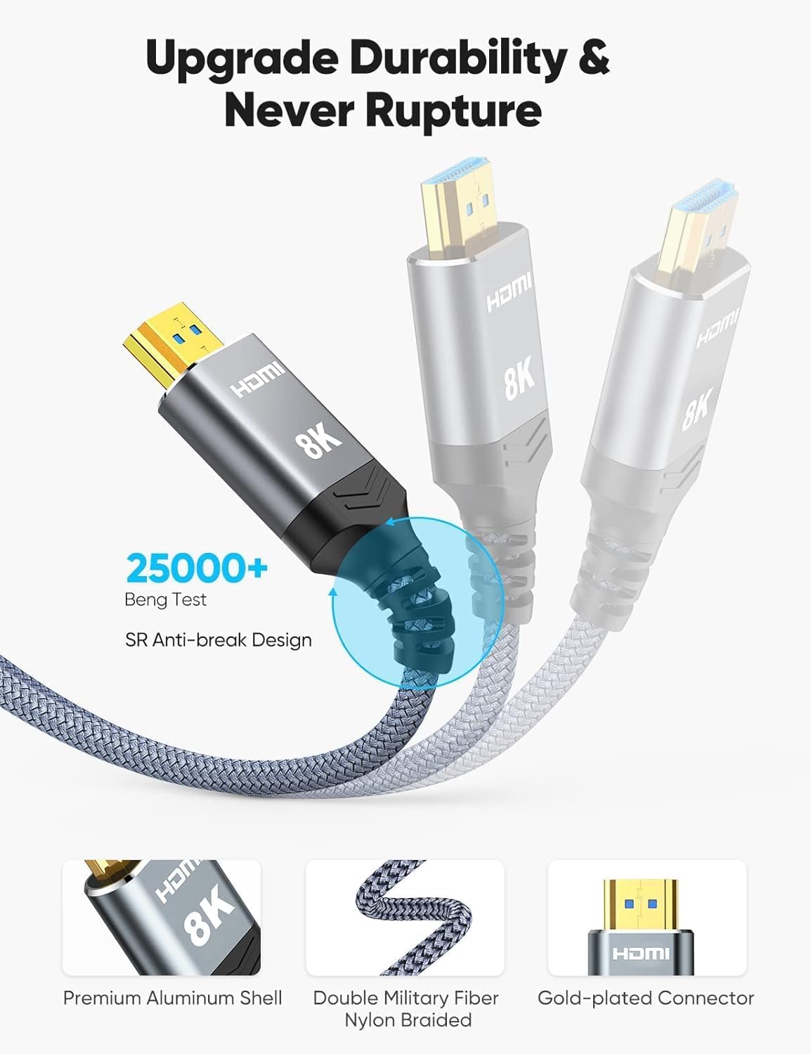 Highwings 8K 10K 4K HDMI Cable 48Gbps 6.6FT/2M, Certified Ultra High Speed 2.1 HDMI Cable Braided Cord-4K@120Hz 8K@60Hz, DTS:X, HDCP 2.2 & 2.3, HDR 10 Compatible with DVD Player/PS5/HDTV/Blu-ray - Flex Gamingproduct_type