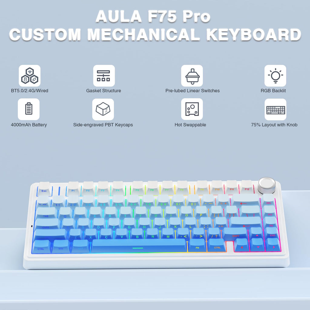 AULA F75 Pro Wireless Mechanical Keyboard,75% Hot Swappable Custom Keyboard with Knob,RGB Backlit,Pre-lubed Reaper Switches,Side Printed PBT Keycaps,2.4GHz/USB-C/BT5.0 Mechanical Gaming Keyboards - Flex Gamingproduct_type