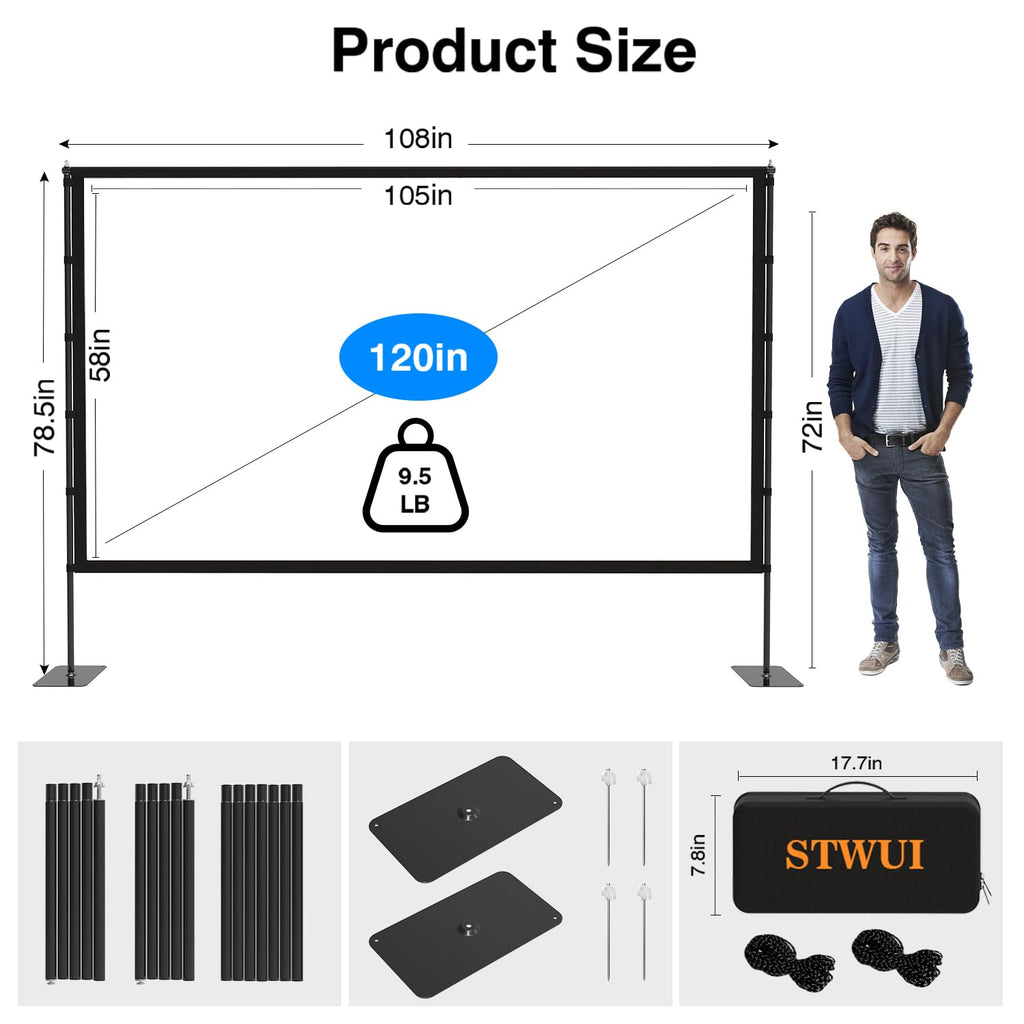 STWUI Outdoor-Projector-Screen-with-Stand - 120 inch Portable Projector Screen Indoor Outdoor Projector Screens 16:9 4K HD Lightweight Movie Screen with Carry Bag for Backyard Movie Night - Flex Gamingproduct_type