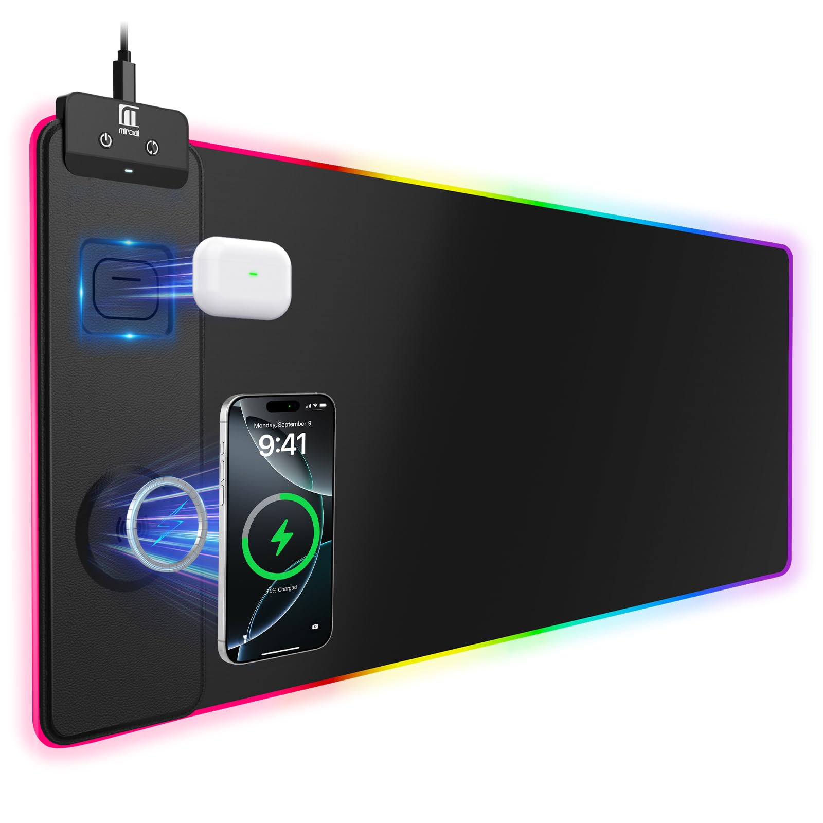 XXL Mouse Pad with Phone Holder - Black, RGB Desk Mat with 15W Fast Charging, LED Gaming Mousepad with 11 Light Colors, Waterproof Non-Slip Pad for Office & Home (Wave) - Flex Gamingproduct_type