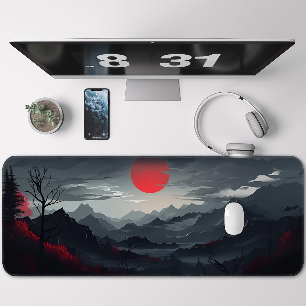 Japanese Dark Red Moon Gaming Mouse Pad, Extended Mouse Pad with Non-Slip Base, Full Keyboard Pad with Stitched Edges, Large Desk Pad for Gaming, Office, Home 31.5 x 11.8 Inch - Flex Gamingproduct_type