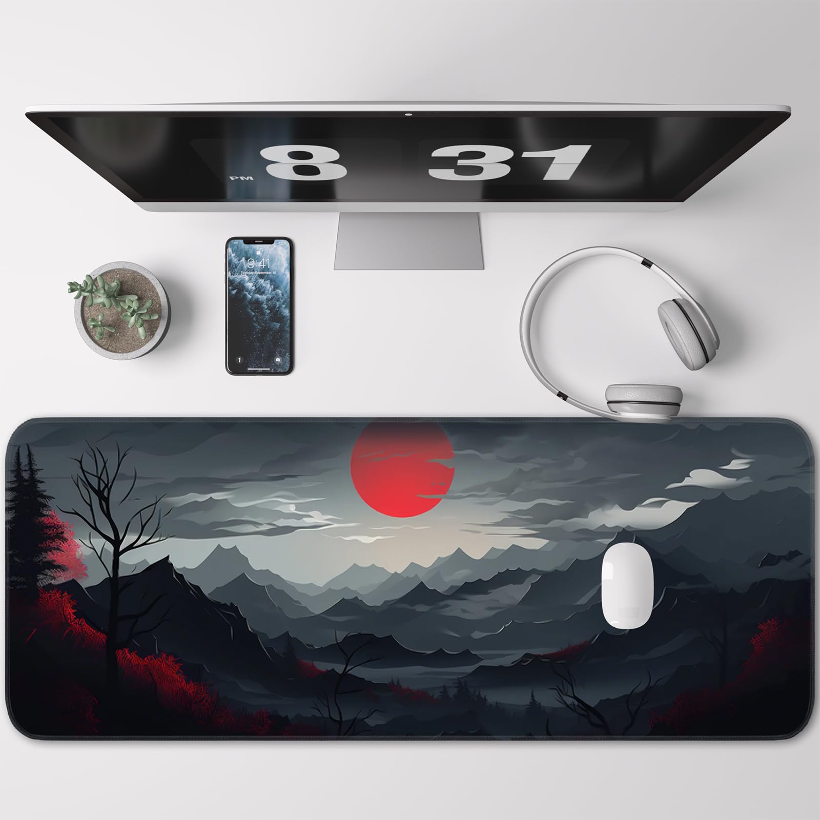 Japanese Dark Red Moon Gaming Mouse Pad, Extended Mouse Pad with Non-Slip Base, Full Keyboard Pad with Stitched Edges, Large Desk Pad for Gaming, Office, Home 31.5 x 11.8 Inch - Flex Gamingproduct_type