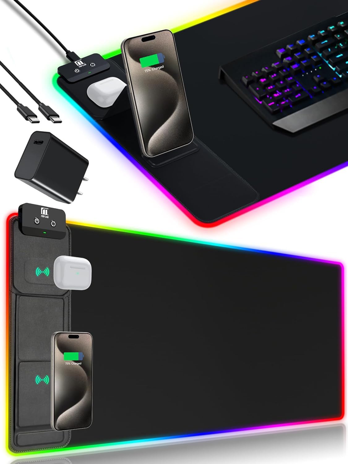 XXL Mouse Pad with Phone Holder - Black, RGB Desk Mat with 15W Fast Charging, LED Gaming Mousepad with 11 Light Colors, Waterproof Non-Slip Pad for Office & Home (Wave) - Flex Gamingproduct_type