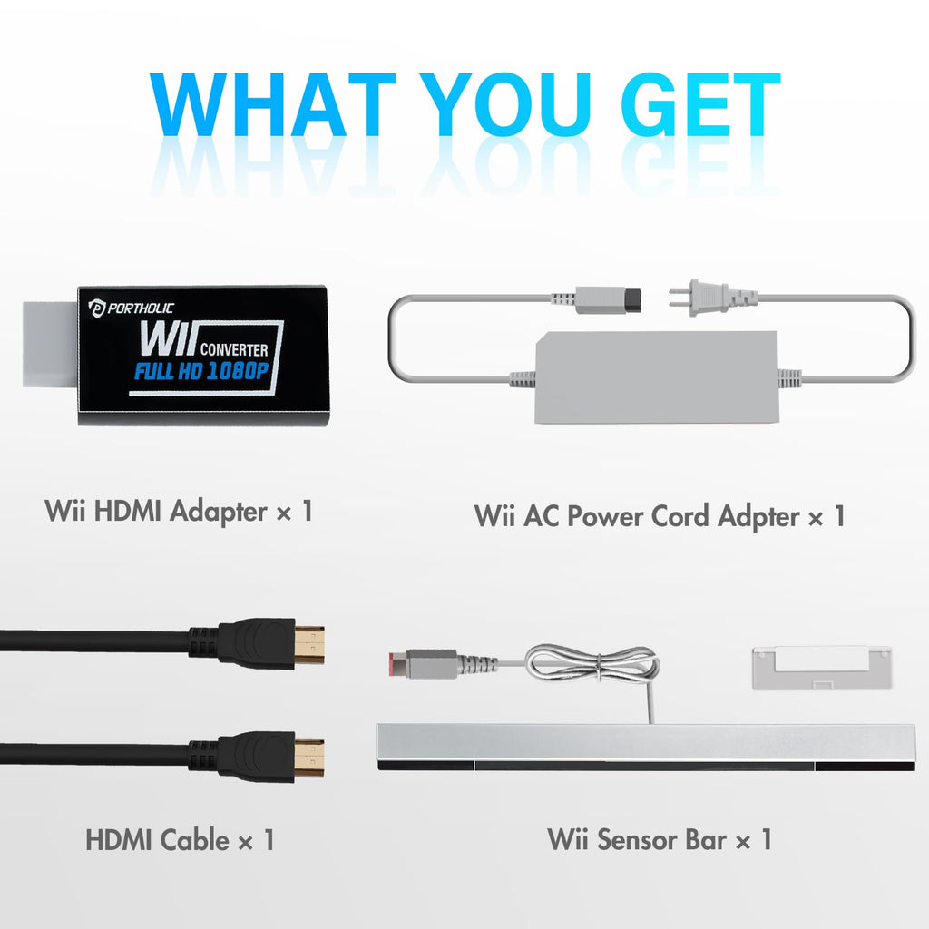 PORTHOLIC 4 in 1 Wii Replacement Cables Set, Wii AC Power Adapter + Wii to hdmi Converter+ Wired Motion Sensor Bar and Composite Audio Video Cable for Nintendo Wii - Flex Gamingproduct_type