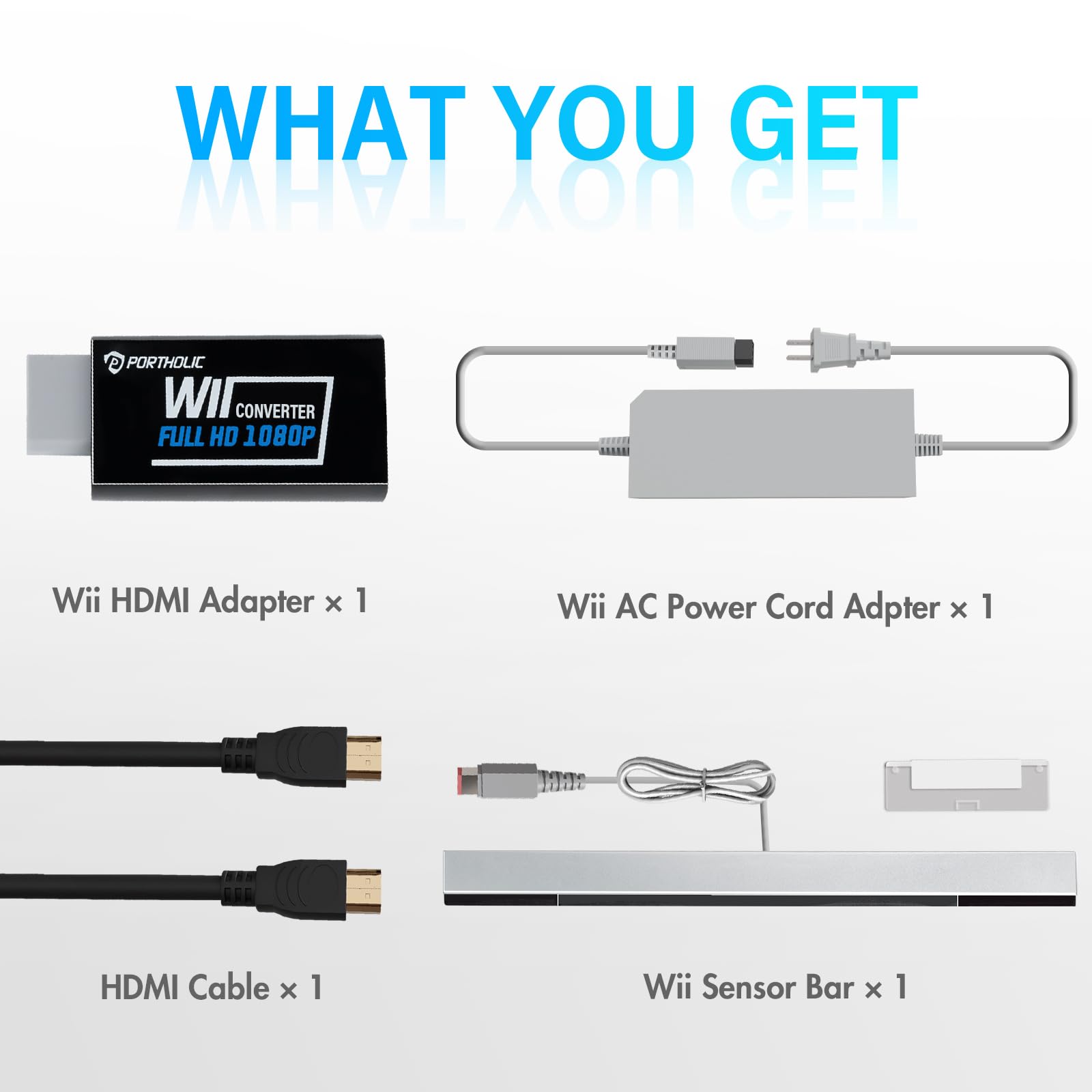 PORTHOLIC 4 in 1 Wii Replacement Cables Set, Wii AC Power Adapter + Wii to hdmi Converter+ Wired Motion Sensor Bar and Composite Audio Video Cable for Nintendo Wii - Flex Gamingproduct_type