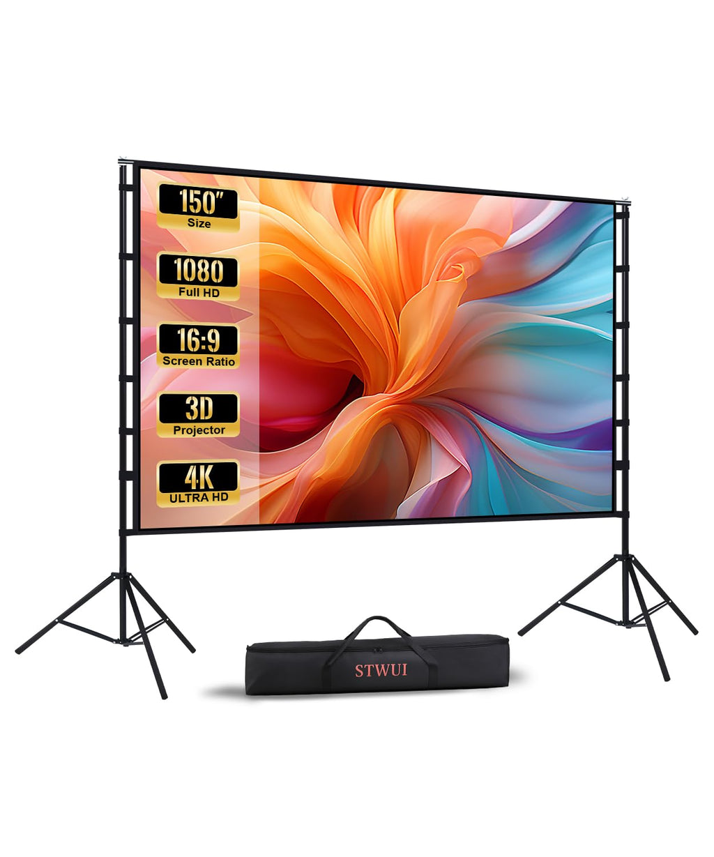 STWUI Outdoor-Projector-Screen-with-Stand - 120 inch Portable Projector Screen Indoor Outdoor Projector Screens 16:9 4K HD Lightweight Movie Screen with Carry Bag for Backyard Movie Night - Flex Gamingproduct_type