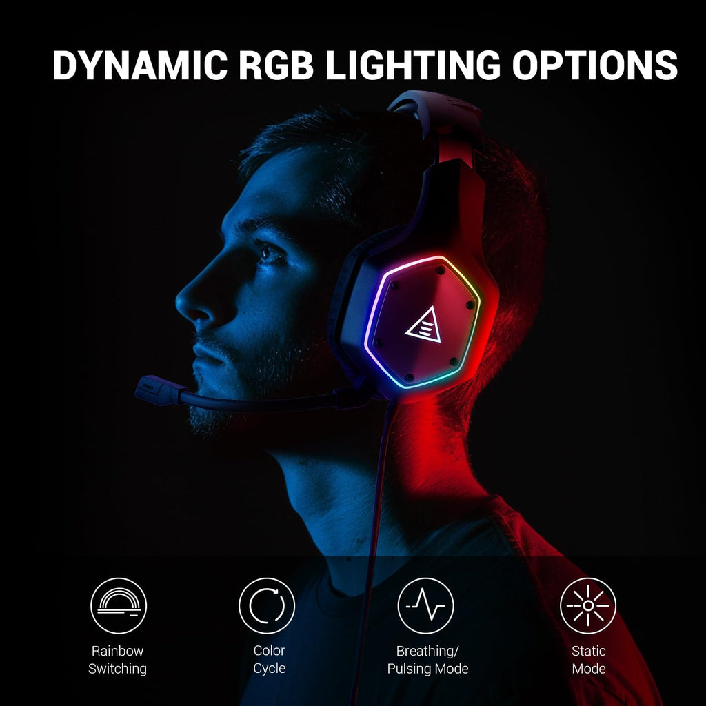 EKSA E1000 USB Gaming Headset for PC, Computer Headphones with Microphone/Mic Noise Cancelling, 7.1 Surround Sound, RGB Light - Wired Headphones for PS4, PS5 Console, Laptop, Call Center - Flex Gamingproduct_type