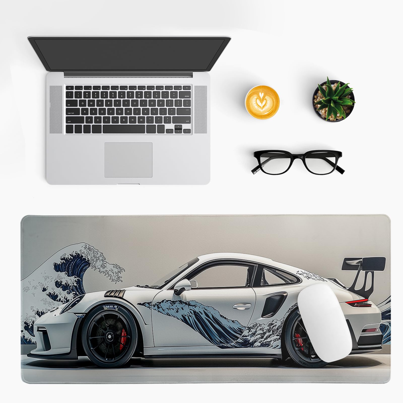 White Ukiyo-e Style Sports Car Large Gaming Mouse Pad Desktop Mat 31.5x11.8 Inch - Non-Slip Rubber Base - for Gamers - Perfect for Gamers & PC Enthusiasts - Flex Gamingproduct_type