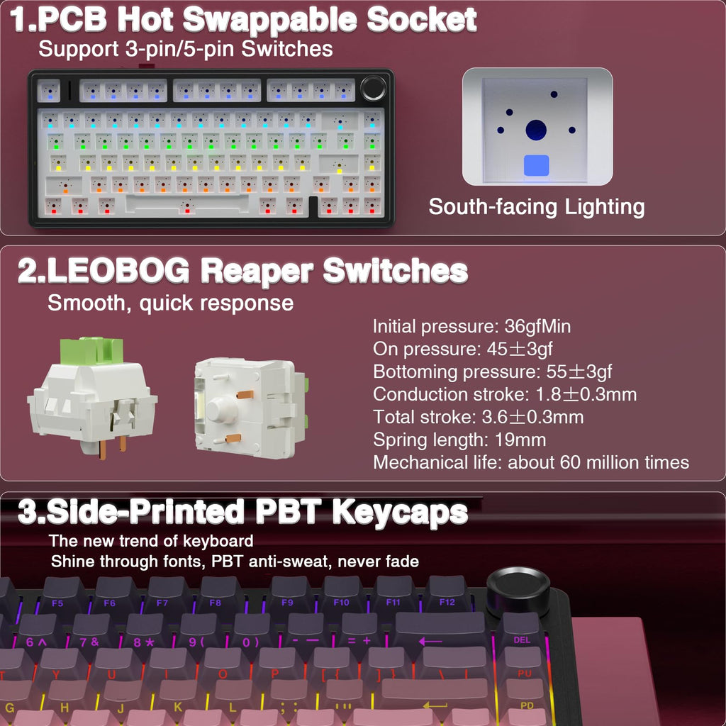 AULA F75 Pro Wireless Mechanical Keyboard,75% Hot Swappable Custom Keyboard with Knob,RGB Backlit,Pre-lubed Reaper Switches,Side Printed PBT Keycaps,2.4GHz/USB-C/BT5.0 Mechanical Gaming Keyboards - Flex Gamingproduct_type
