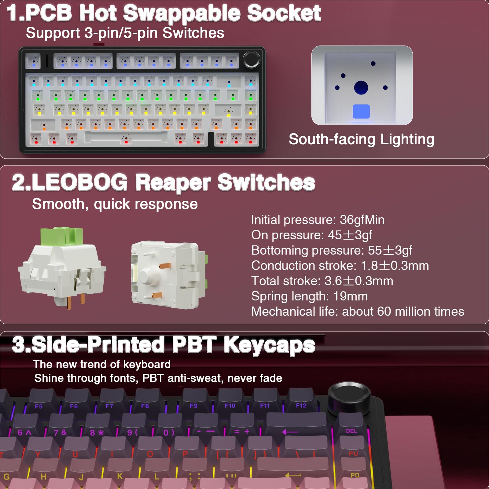 AULA F75 Pro Wireless Mechanical Keyboard,75% Hot Swappable Custom Keyboard with Knob,RGB Backlit,Pre-lubed Reaper Switches,Side Printed PBT Keycaps,2.4GHz/USB-C/BT5.0 Mechanical Gaming Keyboards - Flex Gamingproduct_type