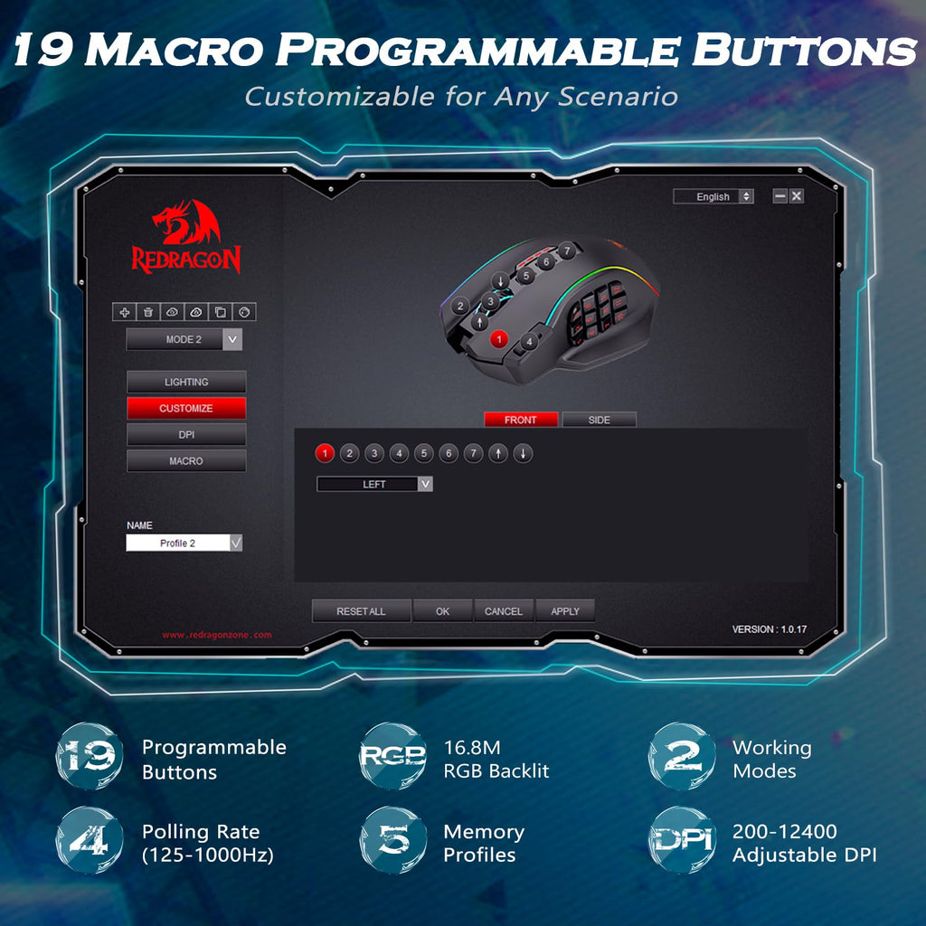 Redragon Gaming Mouse, MMO Mouse Gaming UP 12400 DPI, 19 Macro Programmable Buttons, RGB Mouse with 12 Side Buttons, 8 * 2.4g Weight Tuning for PC Laptop MOBA FPS, M901K, Black - Flex Gamingproduct_type