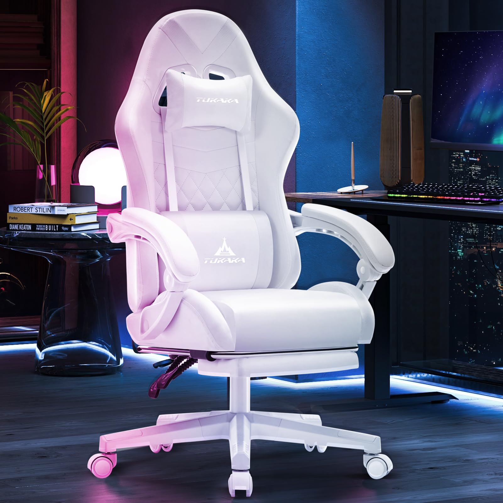 White Gaming Chair,Ergonomic Massage Office Desk Chair with Footrest | Pocket Spring Cushion,Reclining,Thick High Back,Headrest and Lumbar Support,Adjustable Leather Computer Chair Gamer Chair - Flex Gamingproduct_type