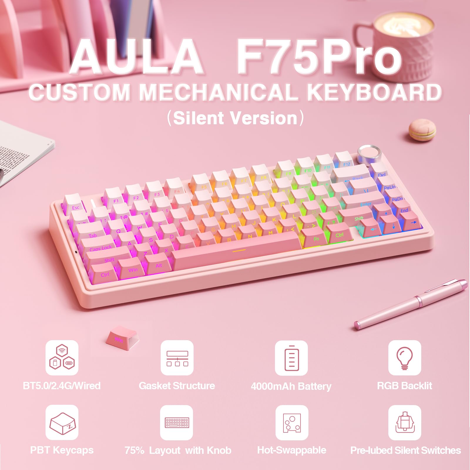 AULA F75 Pro Wireless Mechanical Keyboard,75% Hot Swappable Custom Keyboard with Knob,RGB Backlit,Pre-lubed Reaper Switches,Side Printed PBT Keycaps,2.4GHz/USB-C/BT5.0 Mechanical Gaming Keyboards - Flex Gamingproduct_type