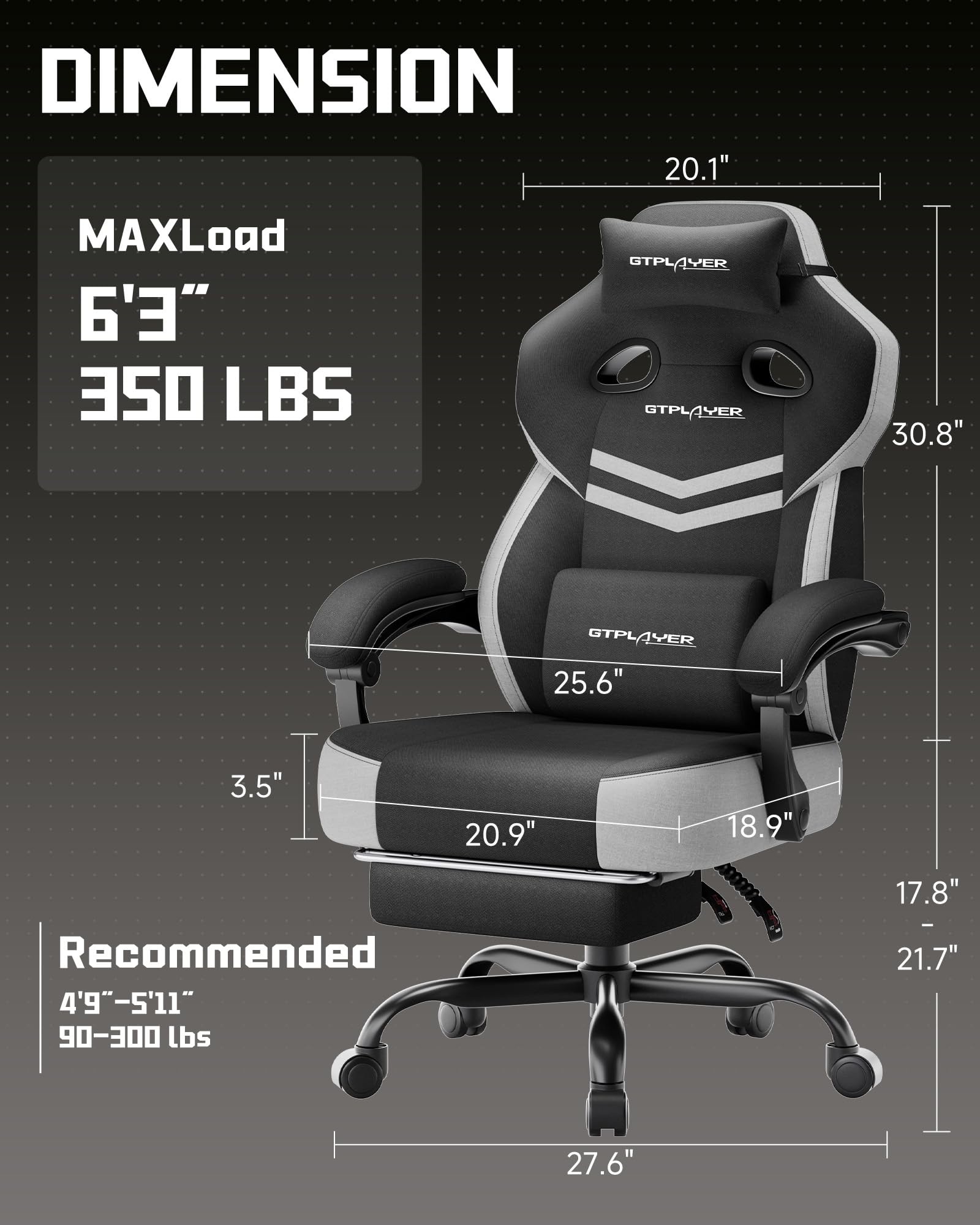 GTPLAYER Big & Tall Gaming Chair, 90°-155° Adjustable Reclining Office Seat with Footrest, Ergonomic Comfy Computer Desk Chair for Adults, Home Office Gaming Study Use, Black - Flex Gamingproduct_type