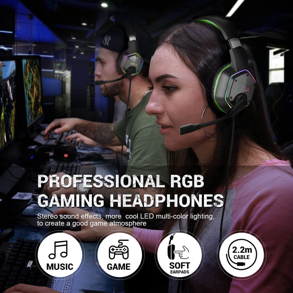 EKSA E1000 USB Gaming Headset for PC, Computer Headphones with Microphone/Mic Noise Cancelling, 7.1 Surround Sound, RGB Light - Wired Headphones for PS4, PS5 Console, Laptop, Call Center - Flex Gamingproduct_type