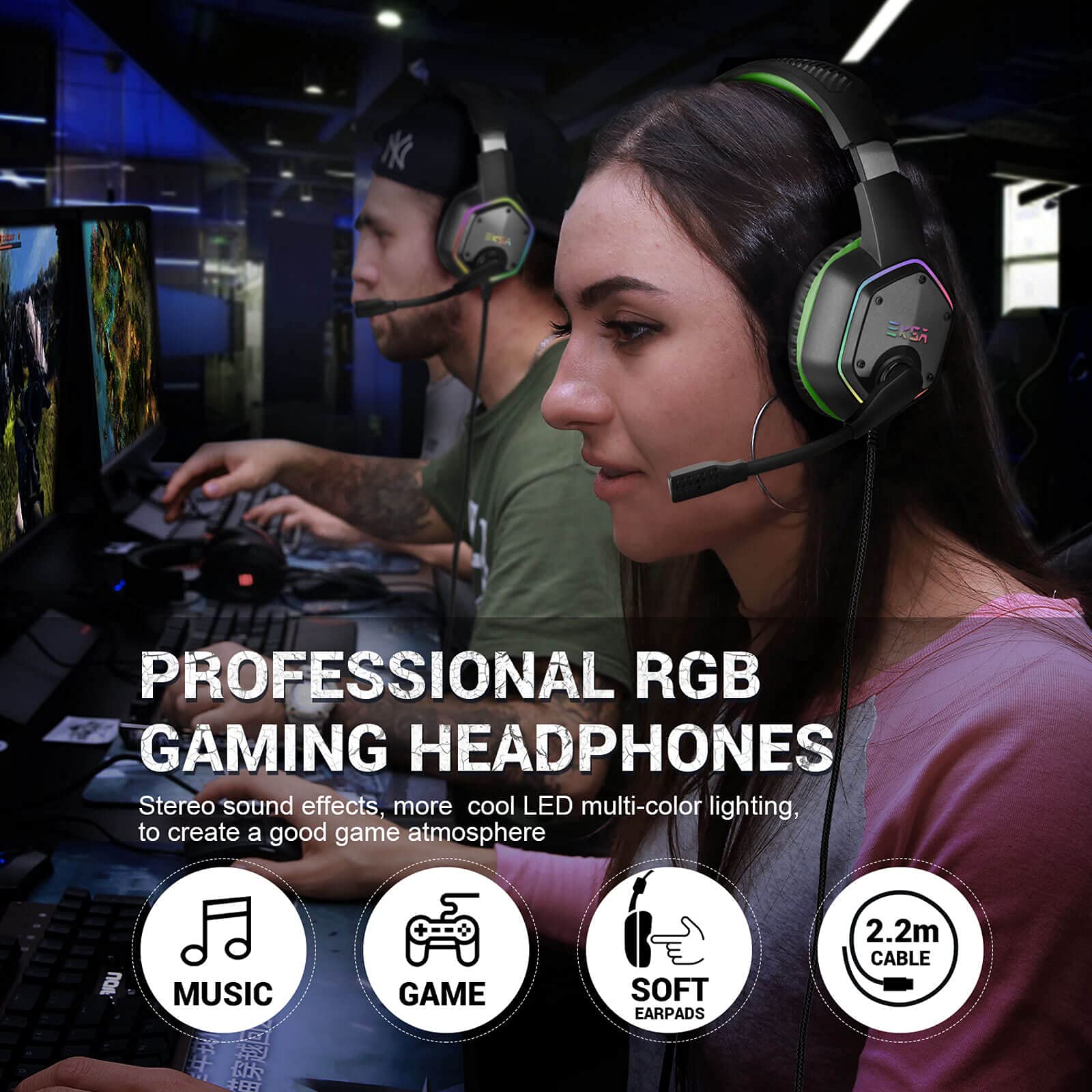 EKSA E1000 USB Gaming Headset for PC, Computer Headphones with Microphone/Mic Noise Cancelling, 7.1 Surround Sound, RGB Light - Wired Headphones for PS4, PS5 Console, Laptop, Call Center - Flex Gamingproduct_type