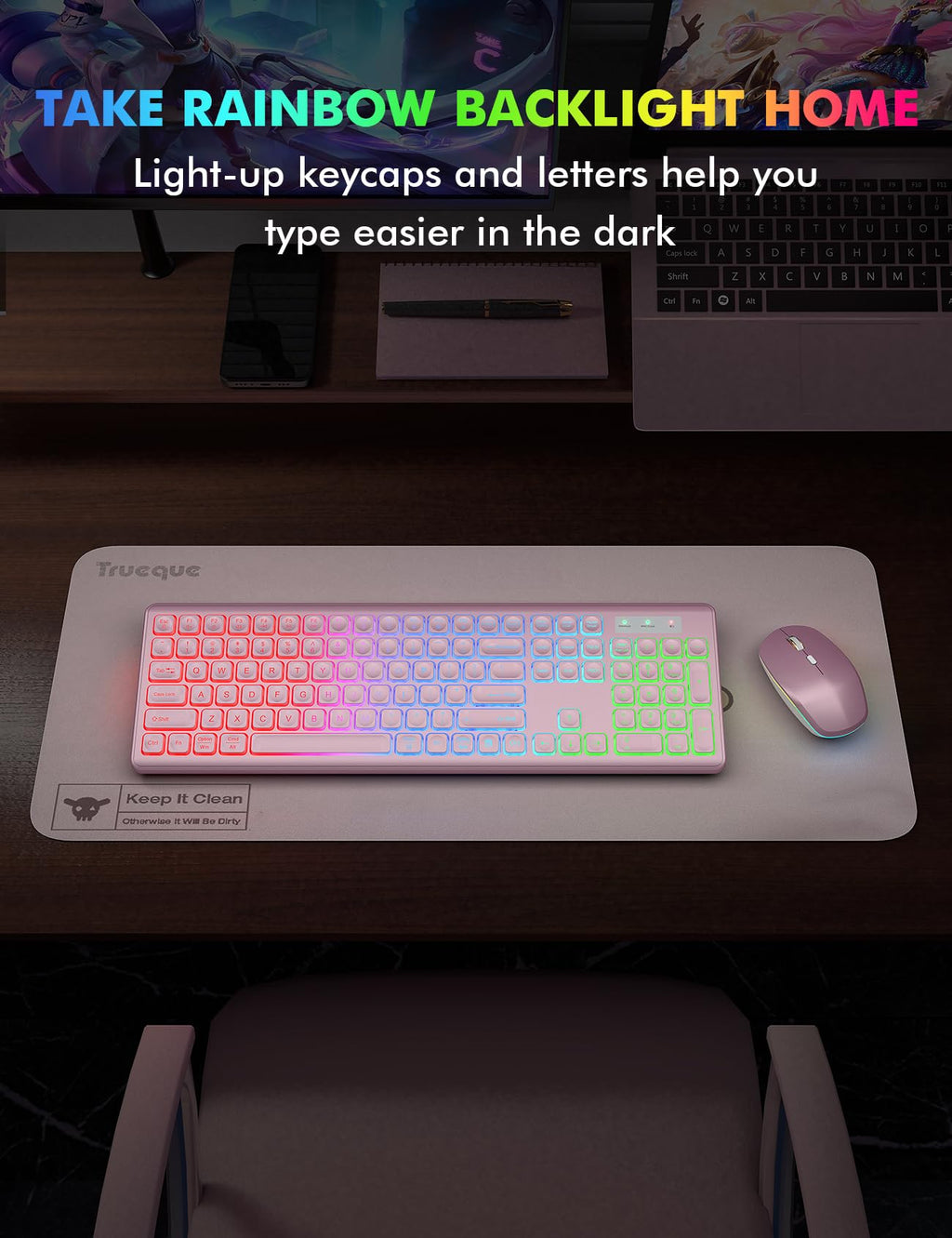 Wireless Keyboard and Mouse Combo, RGB Backlit, Rechargeable & Light Up Letters, Full-Size, Soft Typing, Sleep Mode, 2.4GHz Quiet Keyboard Set for Mac, Windows, Laptop, PC, Trueque KM42Pro (Black) - Flex Gamingproduct_type