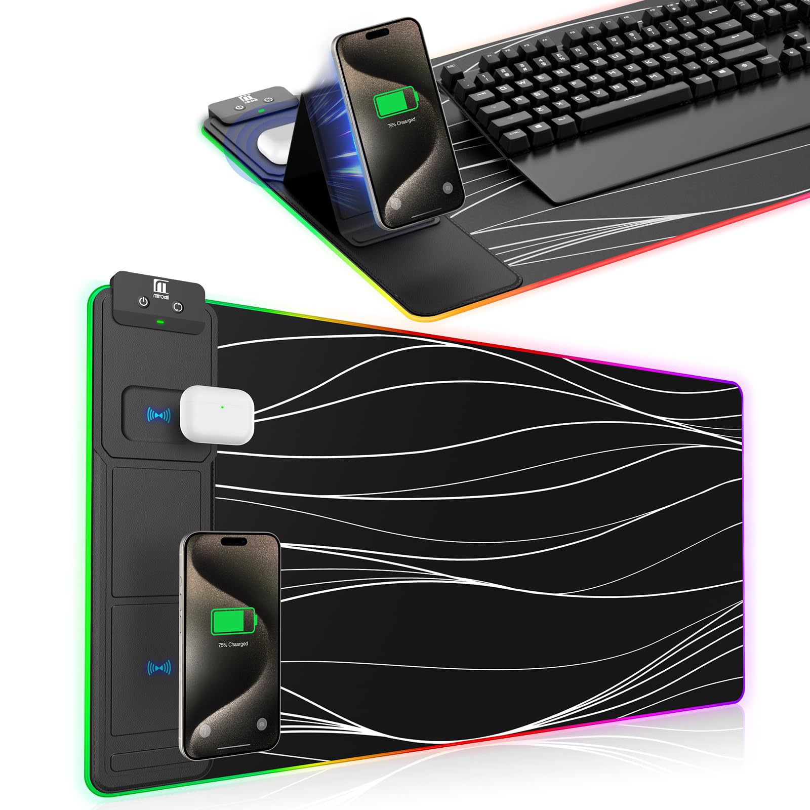 XXL Mouse Pad with Phone Holder - Black, RGB Desk Mat with 15W Fast Charging, LED Gaming Mousepad with 11 Light Colors, Waterproof Non-Slip Pad for Office & Home (Wave) - Flex Gamingproduct_type