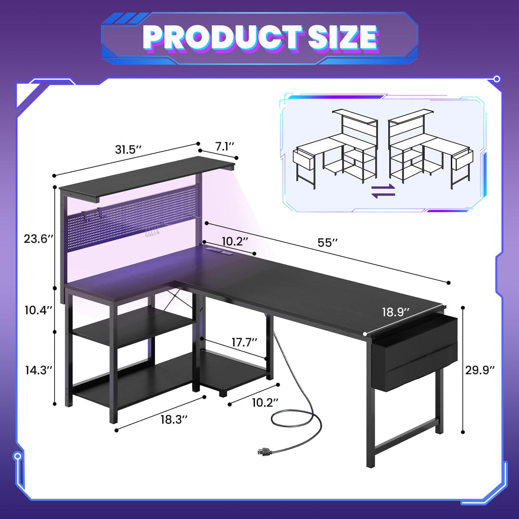 Apicizon L Shaped Desk Gaming Desk with LED Light & Power Outlet, 47 Inch Reversible Computer Desk with Pegboard & Shelf & Storage Bag for Home Office, Black - Flex Gamingproduct_type