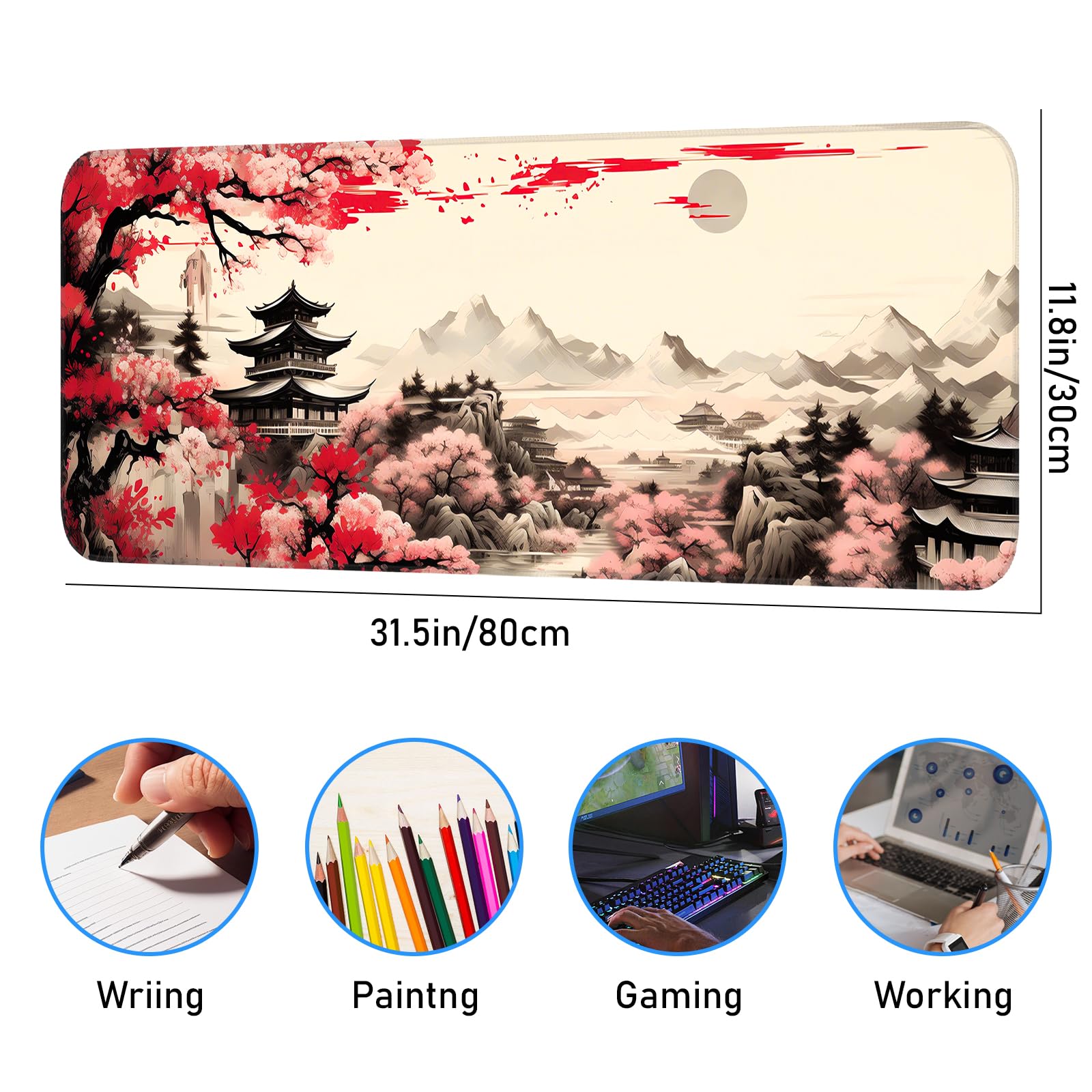 Japanese Dark Red Moon Gaming Mouse Pad, Extended Mouse Pad with Non-Slip Base, Full Keyboard Pad with Stitched Edges, Large Desk Pad for Gaming, Office, Home 31.5 x 11.8 Inch - Flex Gamingproduct_type