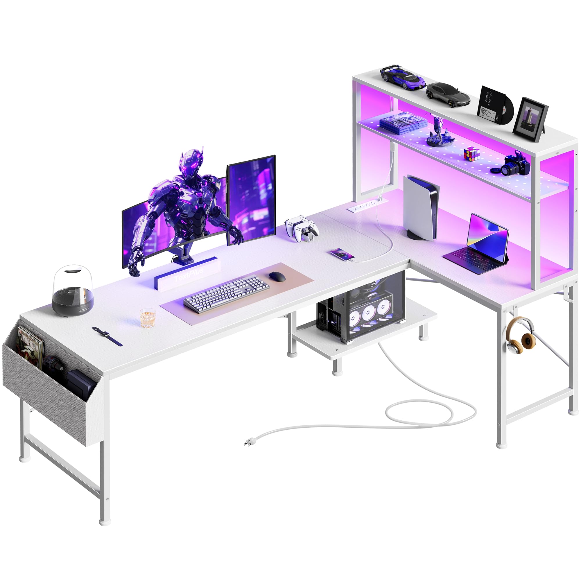 PRAISUN L Shaped Gaming Desk with LED Lights & Power Outlets, Reversible Computer Desk with Storage Shelves & Bag, Large Corner Home Office Desk with Pegboard for Work from Home, Black - Flex Gamingproduct_type
