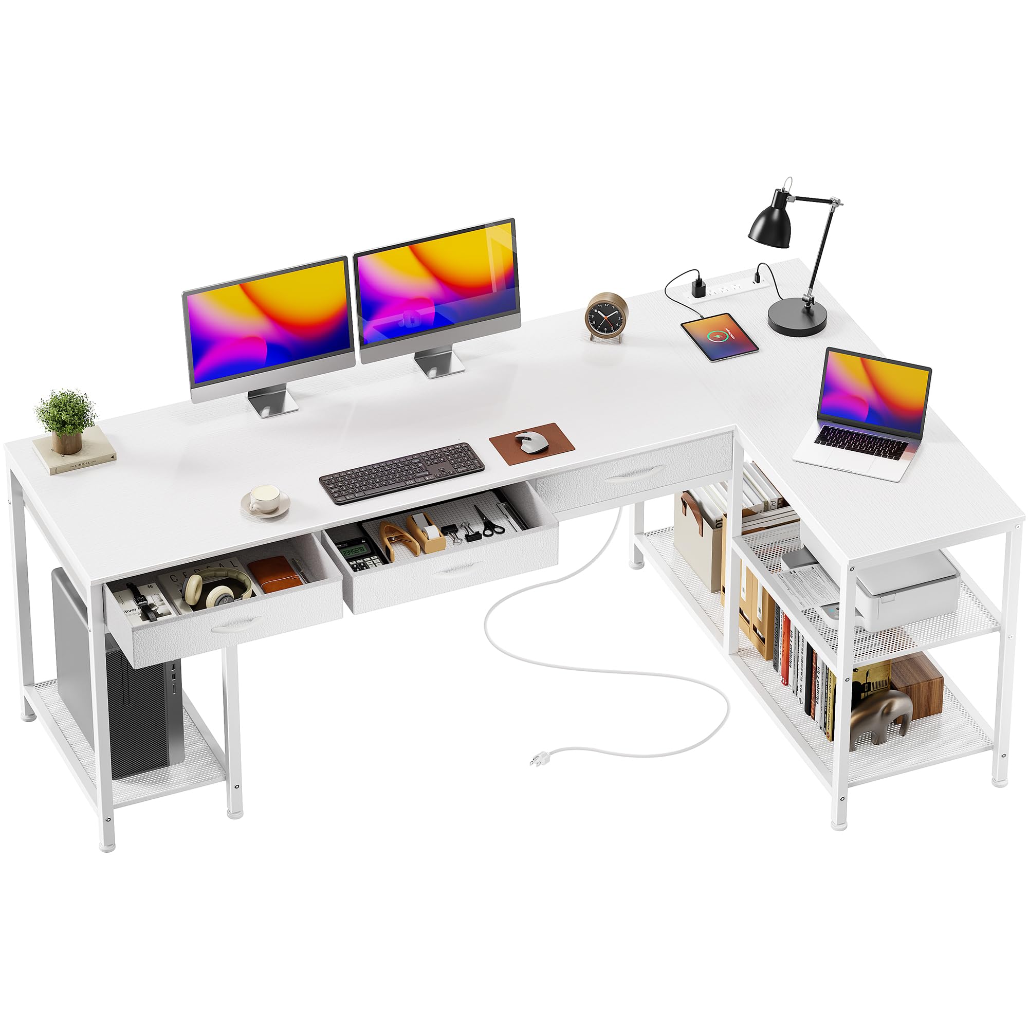 PRAISUN 55 Inch L Shaped Office Desk with Power Outlets and Type-C Port, Large Computer Gaming Desk with 3 Fabric Drawers, Mesh Shelves, Corner Study Work Writing Desk, Rustic Brown - Flex Gamingproduct_type