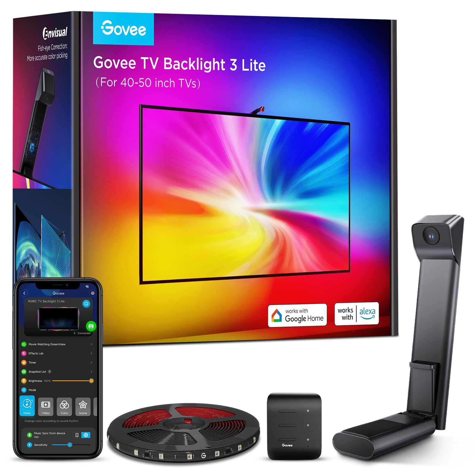 Govee TV Backlight 3 Lite with Fish-Eye Correction Function Sync to 75-85 Inch TVs, 16.4ft RGBICW Wi-Fi LED Strip Lights with Camera, 4 Colors in 1 Lamp Bead, Voice and APP Control, Adapter - Flex Gamingproduct_type