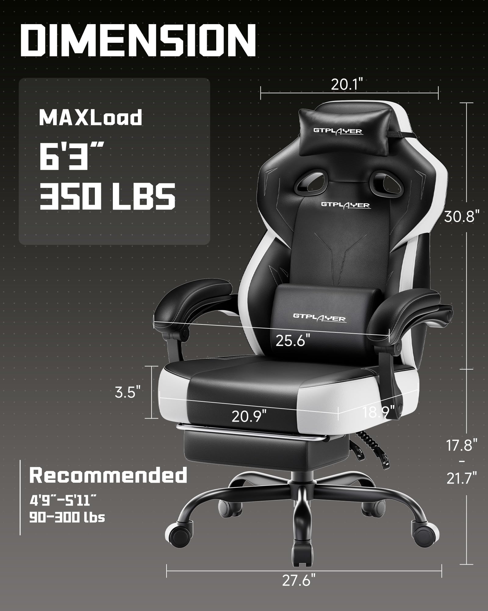 GTPLAYER Big & Tall Gaming Chair, 90°-155° Adjustable Reclining Office Seat with Footrest, Ergonomic Comfy Computer Desk Chair for Adults, Home Office Gaming Study Use, Black - Flex Gamingproduct_type