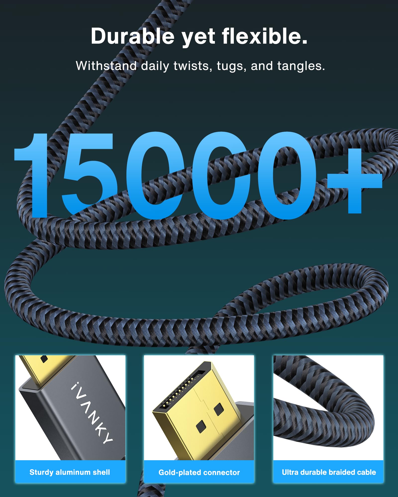 IVANKY 8K DisplayPort Cable 1.4, VESA Certified DP Cable 6.6ft (8K@60Hz, 4K@240Hz, 2K@240Hz)HBR3 Support 32.4Gbps, HDR, HDCP 2.2, FreeSync G-Sync, Braided Display Port for Gaming Monitor, Graphics, PC - Flex Gamingproduct_type