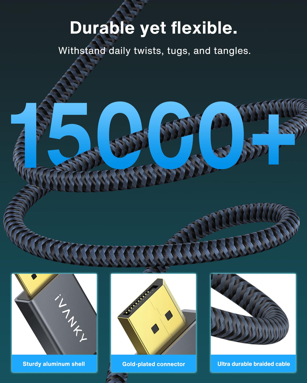 IVANKY 8K DisplayPort Cable 1.4, VESA Certified DP Cable 6.6ft (8K@60Hz, 4K@240Hz, 2K@240Hz)HBR3 Support 32.4Gbps, HDR, HDCP 2.2, FreeSync G-Sync, Braided Display Port for Gaming Monitor, Graphics, PC - Flex Gamingproduct_type