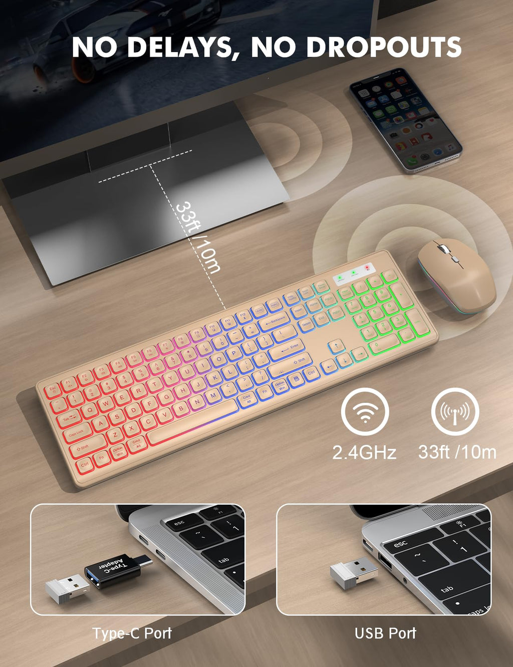 Wireless Keyboard and Mouse Combo, RGB Backlit, Rechargeable & Light Up Letters, Full-Size, Soft Typing, Sleep Mode, 2.4GHz Quiet Keyboard Set for Mac, Windows, Laptop, PC, Trueque KM42Pro (Black) - Flex Gamingproduct_type