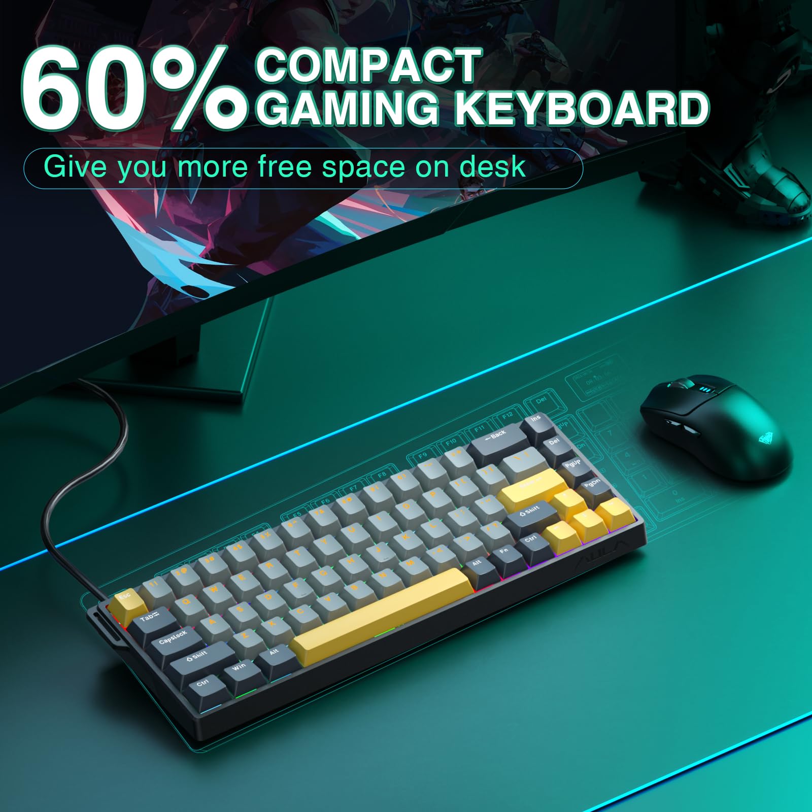 AULA WIN68 HE Mechanical Gaming Keyboard 60%, Hall Effect Magnetic Switch, Fast Trigger Mode Adjustable Actuation, 8000Hz Polling Rate, RGB Backlit, Wired Black Keyboard for Laptop/PC Gamer - Flex Gamingproduct_type